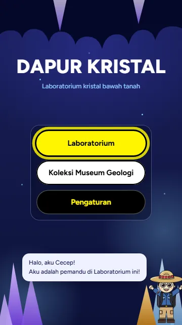 Menu utama Dapur Kristal: Laboratorium, Koleksi Museum Geologi, Pengaturan