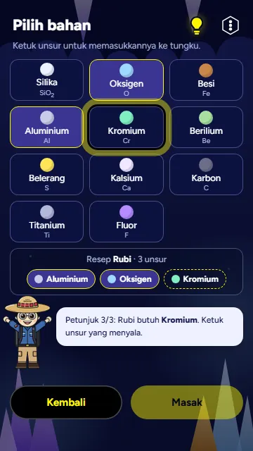 Pilih bahan: resep Rubi dengan aluminium dan oksigen terisi, petunjuk lampu menyalakan kromium