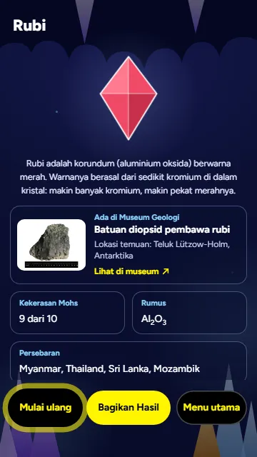 Hasil racikan: kristal Rubi dengan keterangan dan kartu spesimen Museum Geologi