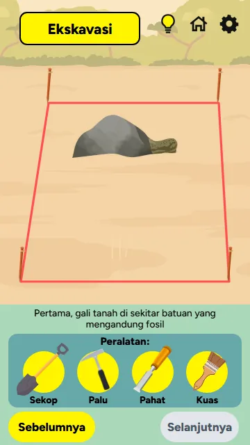 Tahap ekskavasi dengan pilihan alat sekop, palu, pahat, dan kuas