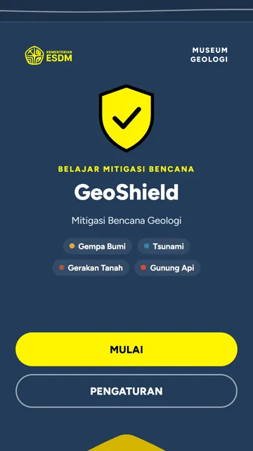 Layar judul GeoShield dengan logo ESDM dan supergrafis Pancar Dipa
