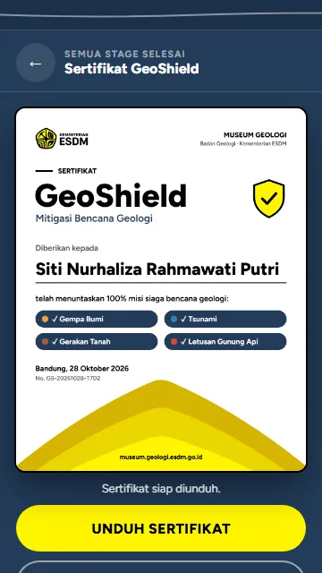 Sertifikat GeoShield dengan nama pemain, empat stage selesai, dan logo ESDM